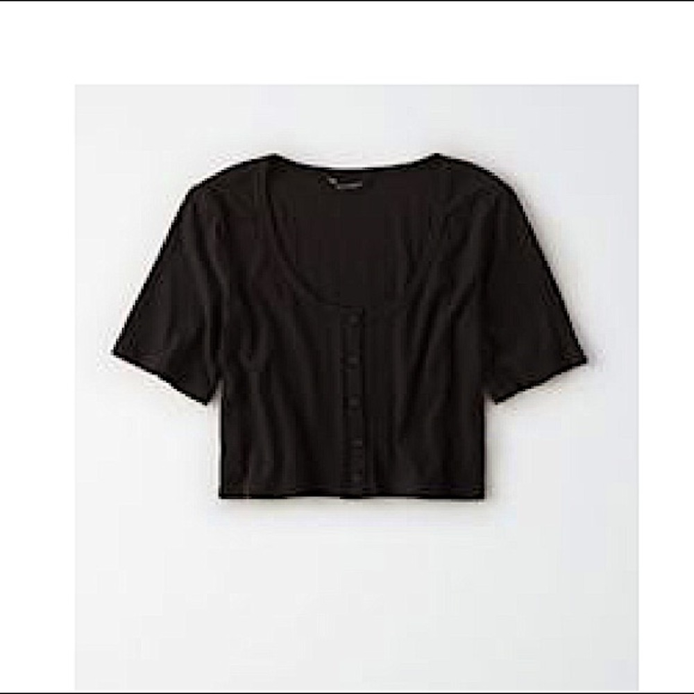 American Eagle Black Ribbed Button Cropped Shirt